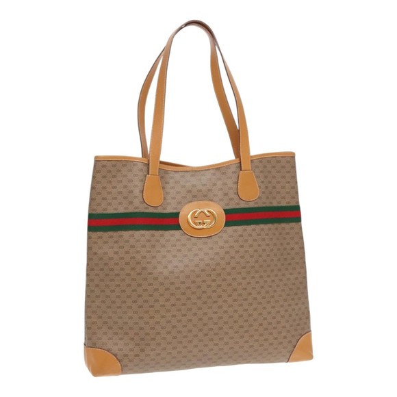GUCCI Micro GG Canvas Web Sherry Line Tote Bag Beige Gold Auth kk337 - Picture 1 of 16